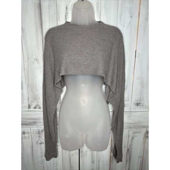 Joah Brown Tops - Joah Brown Slouchy Gray Ribbed Pullover Long Sleeve Crop Cropped Top Shirt OS
